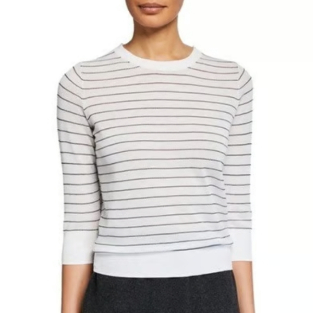 Vince Striped Lightweight Cotton Knit Top White/Black Size Large